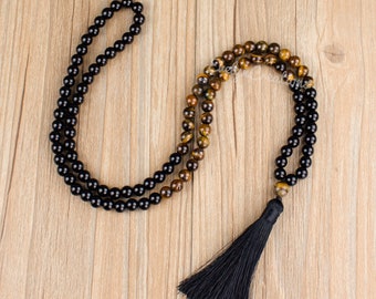108 Prayer Beads Mala Tassel Necklace-Healing Tiger Eye Stone Beaded Necklace-Black Obsidian Gemstone Mala Yoga Meditation Necklace