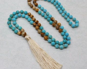 Turquoise Elephant Spirit Mala Bead Necklace 108 Hand Knotted Turquoise and Jasper Mala Beads Lava Stone and Turquoise Mala Beads