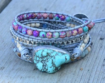 Agate and Quartz Leather Natural Gemstone Beaded Wrap Bracelet Turquoise