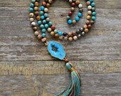 Jasper Stone Druzy Necklace-Mala Beaded Long Tassel Necklace-Imperial Jasper Boho Chakra Lava Rock Necklace-Turquoise Geode Tassel Necklace