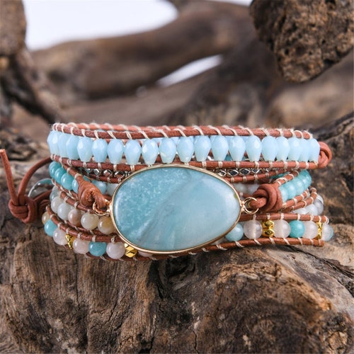 Amazonite Stone Bracelet-Healing Gemstone Bracelet-Natural Raw Stone Bracelet-Leather 5 Strands Wrap Spiritual Yoga Meditation Bead Bracelet