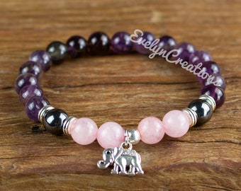 Natural Rose Quartz Amethyst Stone Healing Bracelet-Elephant Charm Bracelet-Spiritual Protection Grounding Balancing Meditation Bracelet