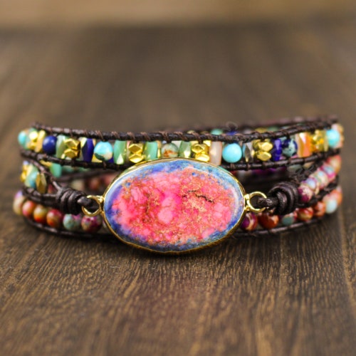 Galaxie Meeressediment Stein Armband-Natürliche Edelstein Heilung Armband-Leder 3 Stränge Wraps spirituelle Meditation Erdung Armband Geschenk