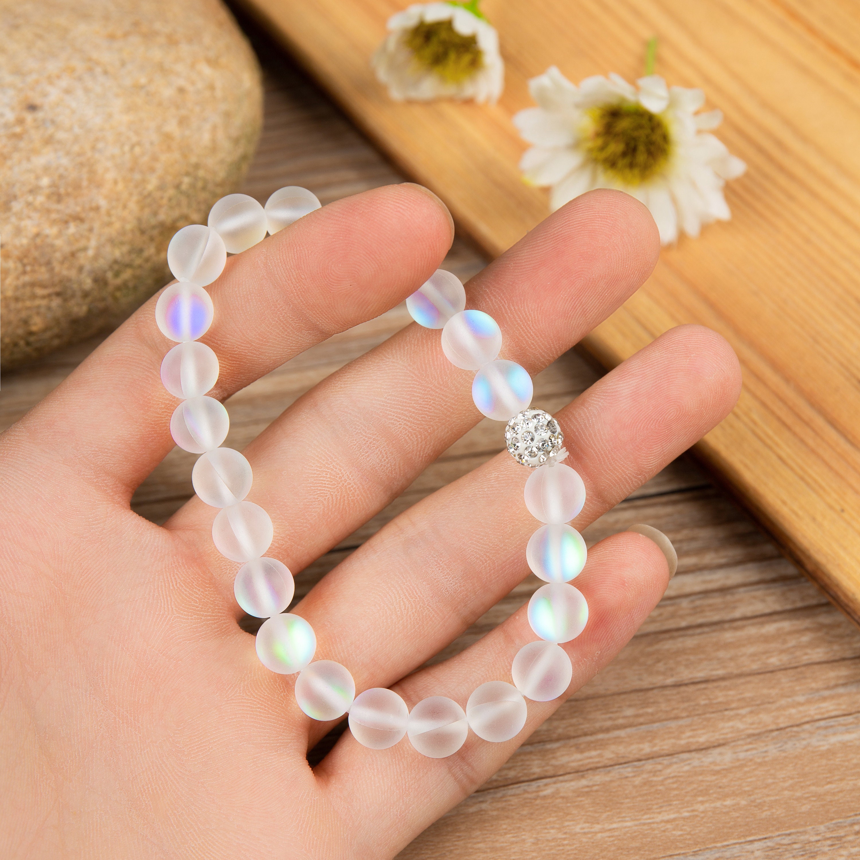 8mm Cristal Pierre de lune perles naturelles bracelet Vo 9H 