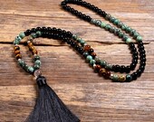 108 Beads Mala Prayer Tassel Necklace-African Turquoise Healing Necklace-Black Obsidian Gemstone Mala Yoga Meditation Necklace
