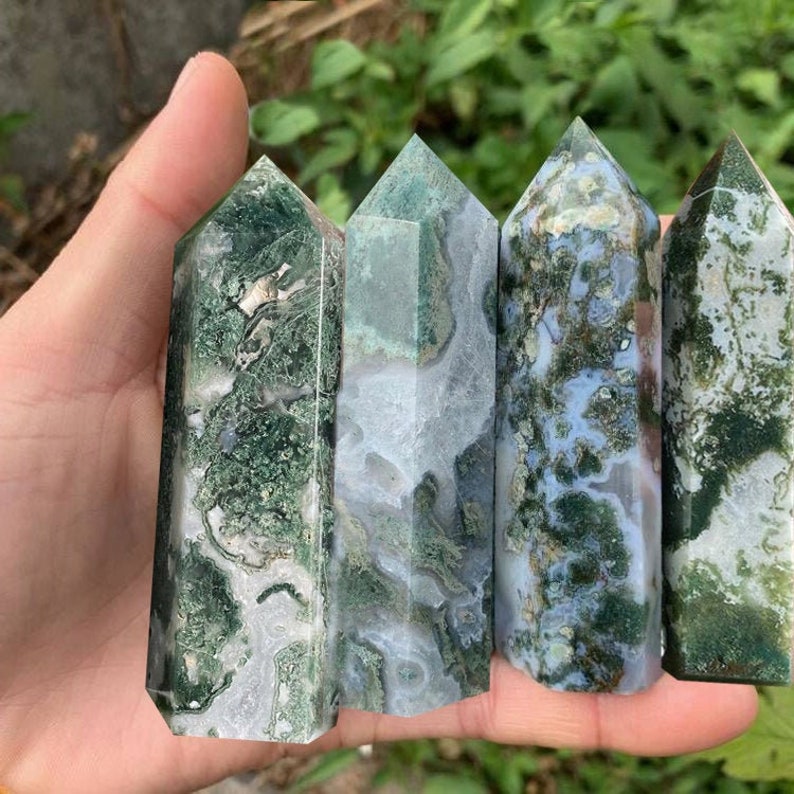 Natural Moss Agate Crystal Wand Point Healing image 1