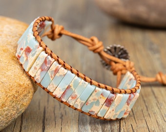 Leather Wrap Cuff Bracelet-Natural Blue African Opal Jasper Stone Bracelet- Friendship Charm Tube Bracelet-Healing Yoga Meditation Bracelet