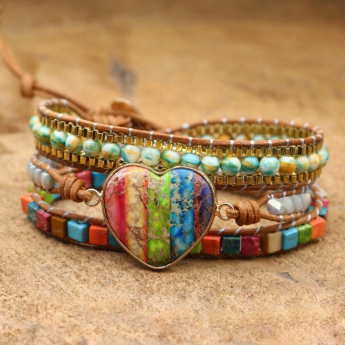 Healing Natural Stone 7 Chakra Bracelet-Heart Shaped Gemstone Beaded Bracelet-Spiritual Yoga Meditation Bracelet-Leather 3 Wraps Bracelet