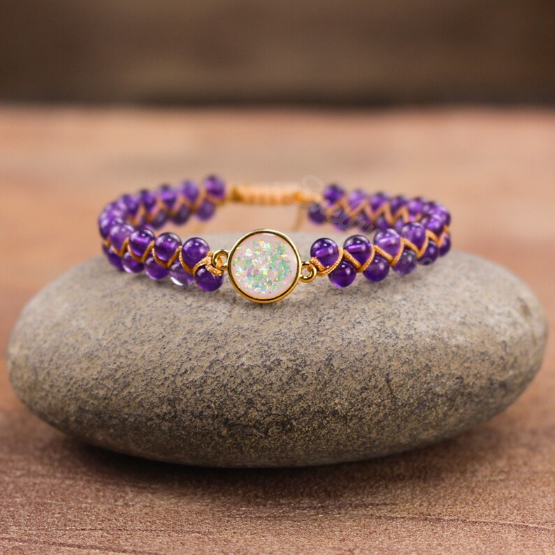 Natural Stone Bracelet-Healing Amethyst Gemstone Yoga Bracelet - Meditation Grounding Spiritual Protection Bracelet Gift 