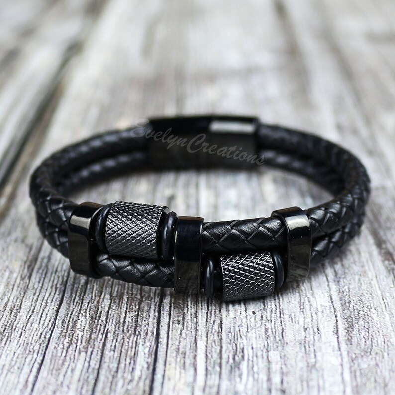 Men's Bracelet Black Leather Bracelet Clasp Etsy