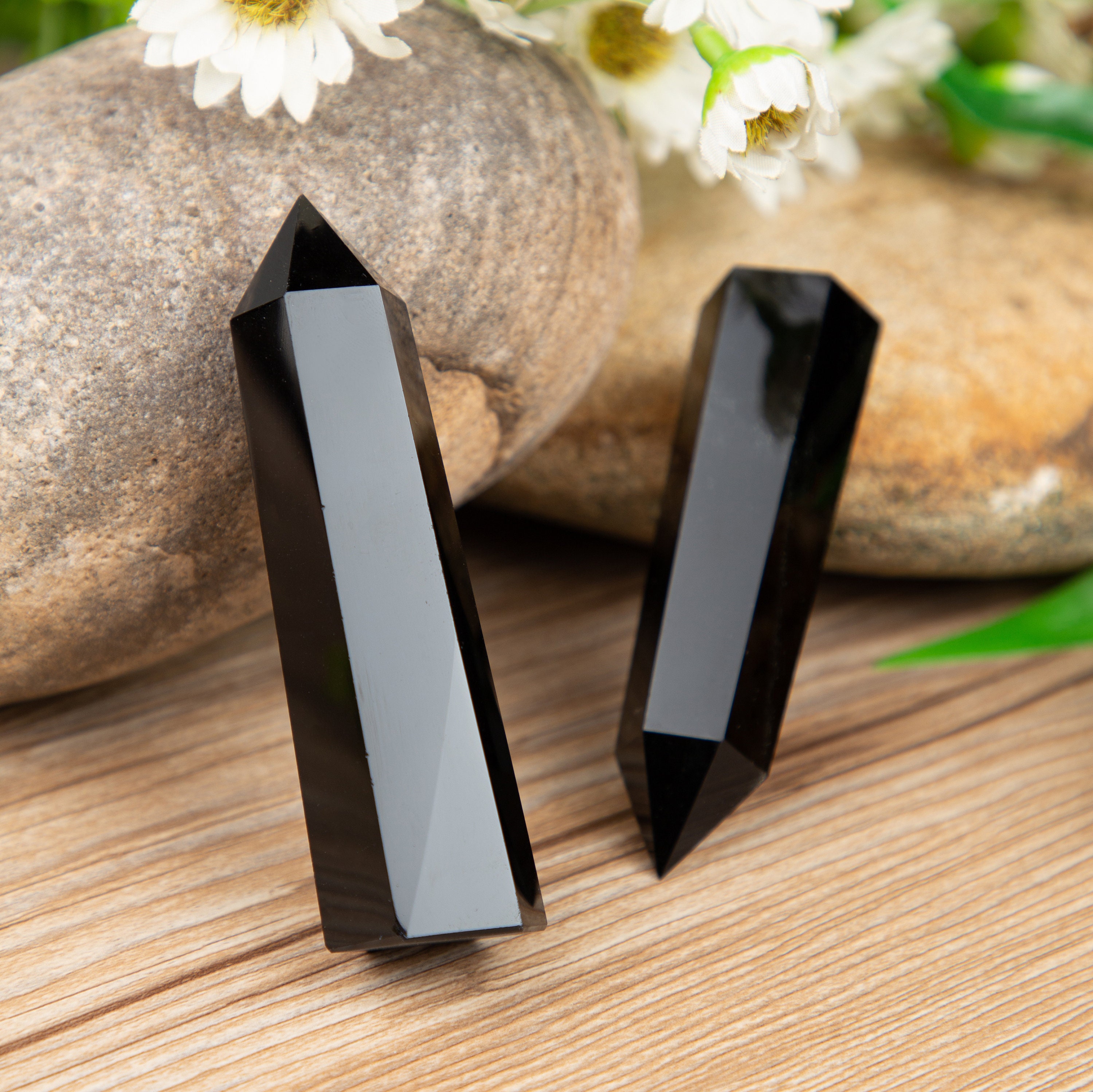 100% Natural Obsidian Black Quartz Crystal Stone Point Healing Hexagonal Wand YT 