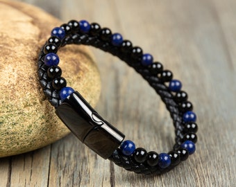 Men's Black Obsidian Stone Lapis Lazuli Calming Healing Bracelet-Spiritual Protection Balance Meditation Bracelet-Anxiety Stress Relief Gift