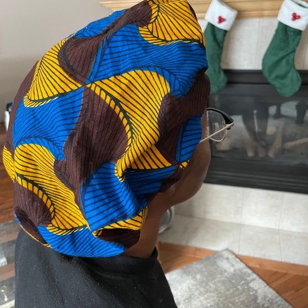African-Print Bonnet for Curly, Natural Hair | Yellow, Brown, and Blue Ankara Satin Lined Bonnet