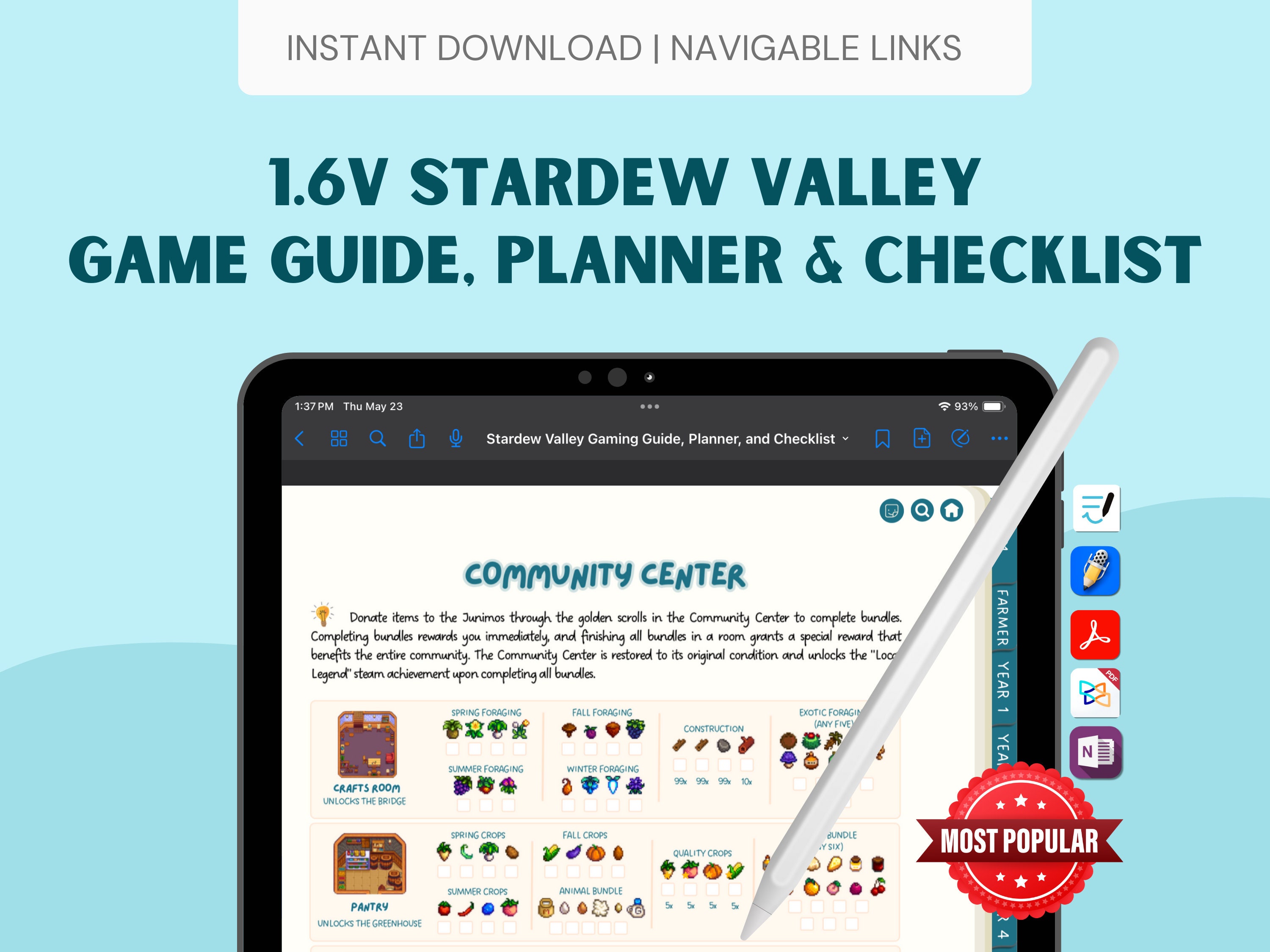 1,6 v Stardew Valley Guide, agenda et liste de contrôle | NUMÉRIQUE | Lien hypertexte pour les lecteurs Goodnotes et PDF