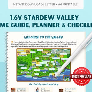 May include: A printable Stardew Valley 1.6V game guide, planner, and checklist featuring a map of Pelican Town. The document includes the text Welcome to the Valley and Key Locations in Pelican Town, with a white pen resting on the spiral-bound page.