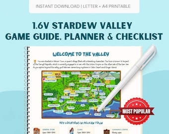 Peut inclure: Un guide de jeu, planificateur et liste de contrôle imprimable Stardew Valley 1.6V avec une carte de Pelican Town. Le document inclut le texte Welcome to the Valley et Key Locations in Pelican Town, avec un stylo blanc sur la page à spirales.
