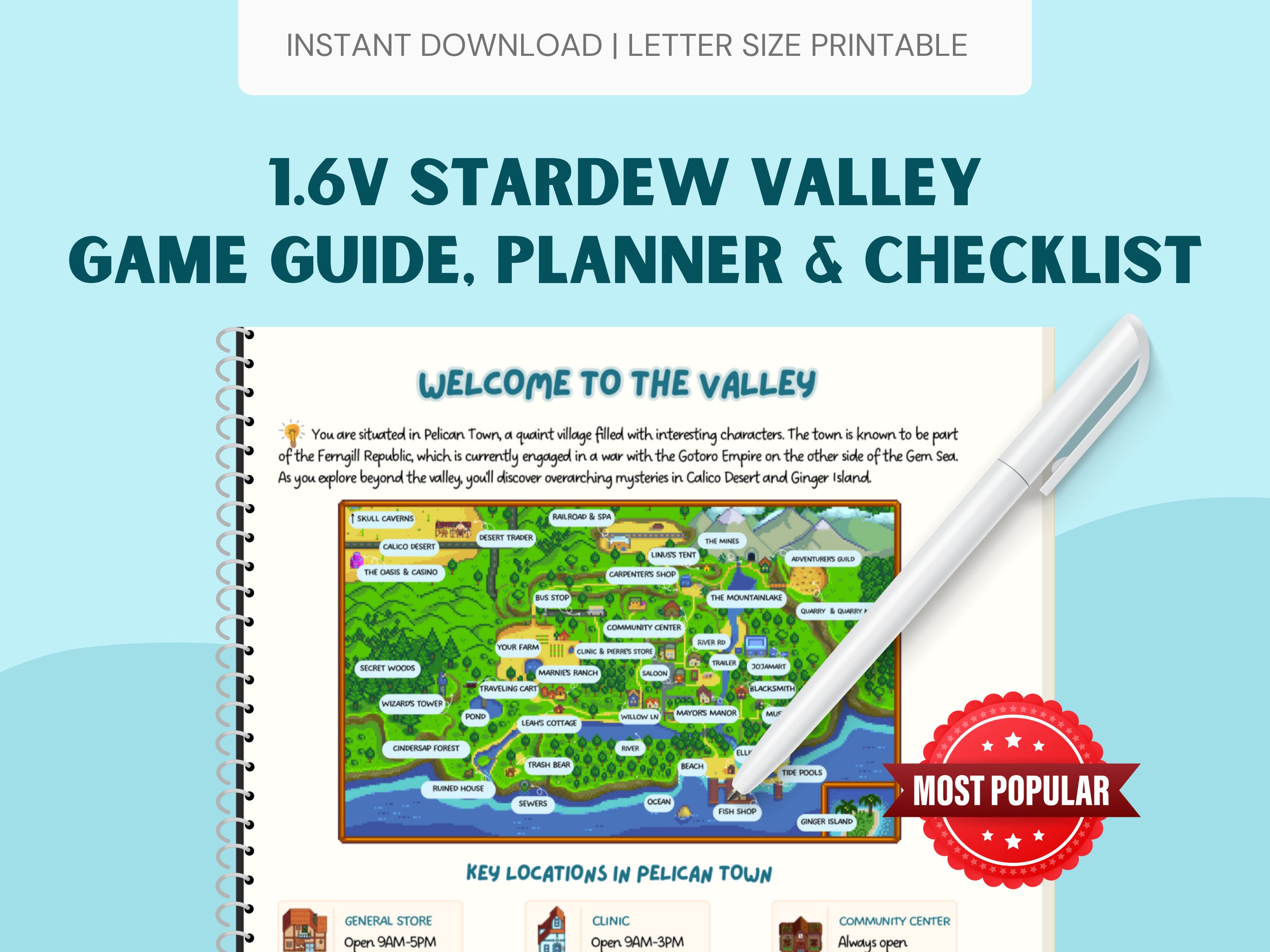 1.6v Stardew Valley Guide, Planner, and Checklist | PRINTABLE - Letter Size | PDF