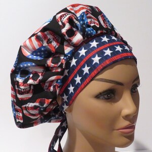 SKULL design hats, Patriotic skull bouffant hats, scrub caps