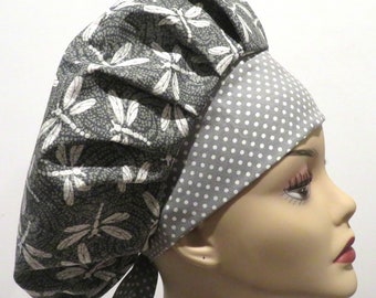 DRAGONFLY fabric scrub hat, Nurse scrub hat, OR nurse scrub hats, ER nurse scrub hats, Gray dragonfly fabric hats, Bouffant scrub hat