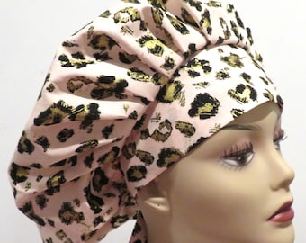 PINK CHEETAH print fabric scrub hats, Bouffant scrub hats, Animal print scrub hat, Nurse scrub hats, Nurse hats