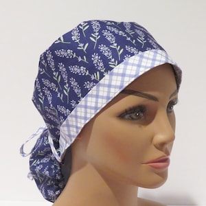 Flowers design scrub cap, Ponytail hats, purple flower with plaid design hat, Modern design scrub cap