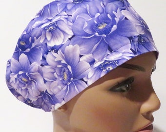 FLOWERS purple flower hats, euro style hats, scrub caps, easy to wear hats, hybrid hats