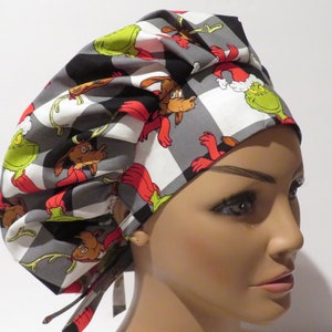 Green monster design bouffant hats, surgical hats, scrub caps, plaid design hats, holiday design hats