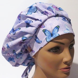 BUTTERFLIES fabric hats, surgical caps, nurse caps, bouffant caps, beautiful caps. purple butterfly hats