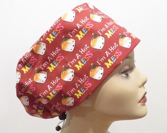 I am a hot mess surgical scrub caps, Euro style hats, fabric scrub caps