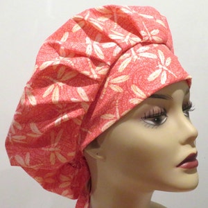 DRAGONFLY fabric scrub hat, Nurse scrub hat, OR nurse scrub hats, ER nurse scrub hats, Peach color dragonfly fabric hats, Bouffant scrub hat