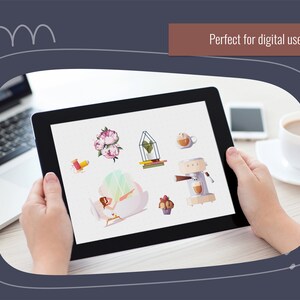 May include: A digital tablet displaying a collection of colorful illustrations, including a bouquet of pink peonies, a potted plant in a geometric cage, a coffee cup, a woman relaxing in a chair, a cupcake, and a coffee machine.