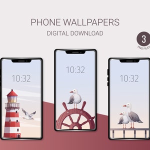 Seagull Lighthouse Phone Wallpaper Set: Nautical Illustrations (Digital Download)