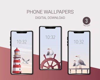 Seagulls Phone Wallpapers | Set of 3 Phone Backgrounds | Instant Download | Digital illustrations | Lighthouse, nautical, sea