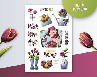 Welcome Spring Sticker Sheet: Floral Planner Stickers (Digital Download)