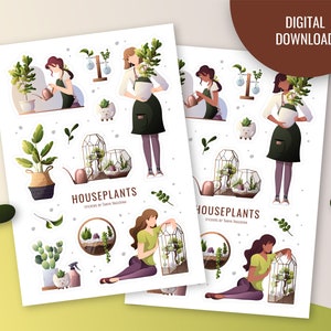 Zimmerpflanzen STICKER. DRUCKBARE Sticker. Pflanzen Frau Clipart. Digitale Sticker. Bullet Journal. Goodnotes Sticker. Scrapbooking Pflanzen
