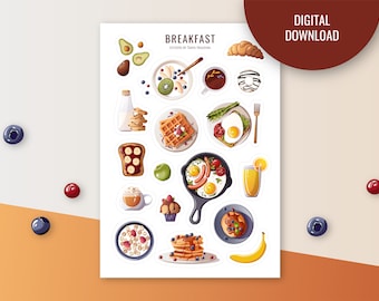 Frühstück Essen Aufkleber: Planer, Journal, Scrapbook (Digitaler Download)