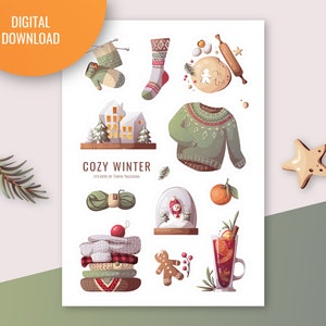 Cozy winter sticker sheet | Bullet journal, digital planner. Printable Stickers. Christmas stickers. New year Stickers. Cozy stickers.