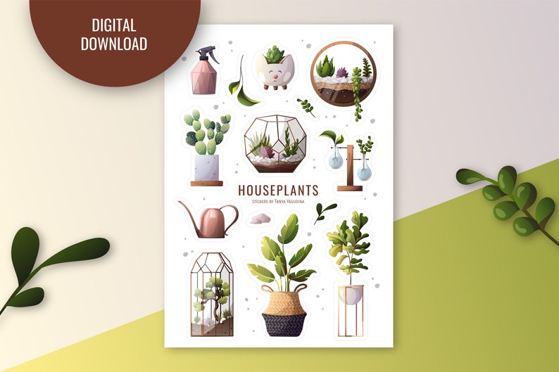 May include: A set of 10 digital stickers featuring houseplants in various pots and containers. The stickers are designed in a cartoon style and include a watering can, a terrarium, and a potted plant with a cat figurine. The text "HOUSEPLANTS" is featured on the sticker sheet.