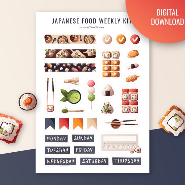 Japanese food weekly sticker sheet. Weekly kit with Sushi, Dango, Matcha tea, onigiri. Printable Stickers. Bullet journal, planner stickers.