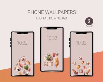 寿司のスマホ壁紙セット：日本の食べ物イラスト（デジタルダウンロード）