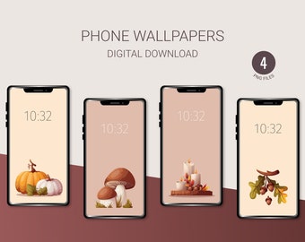 Autumn harvest Phone Wallpapers | Set of 4 Phone Backgrounds | Instant Download | Digital illustrations | fall, pumpkins, mushrooms, candles