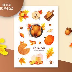 Thanksgiving day sticker sheet for Bullet journal, digital planner. Printable Stickers. Autumn clipart. Fall Stickers. Turkey stickers.