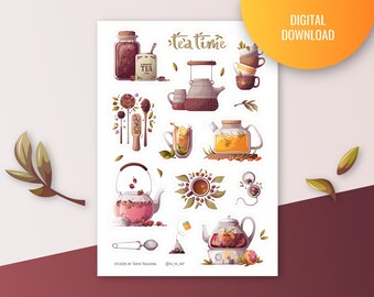 Tea Time Sticker Sheet: Teapot & Teacup Planner Stickers (Digital Download)
