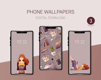 Book lover, reading Phone Wallpapers | Set of 3 Phone Backgrounds | Instant Download | Digital illustrations