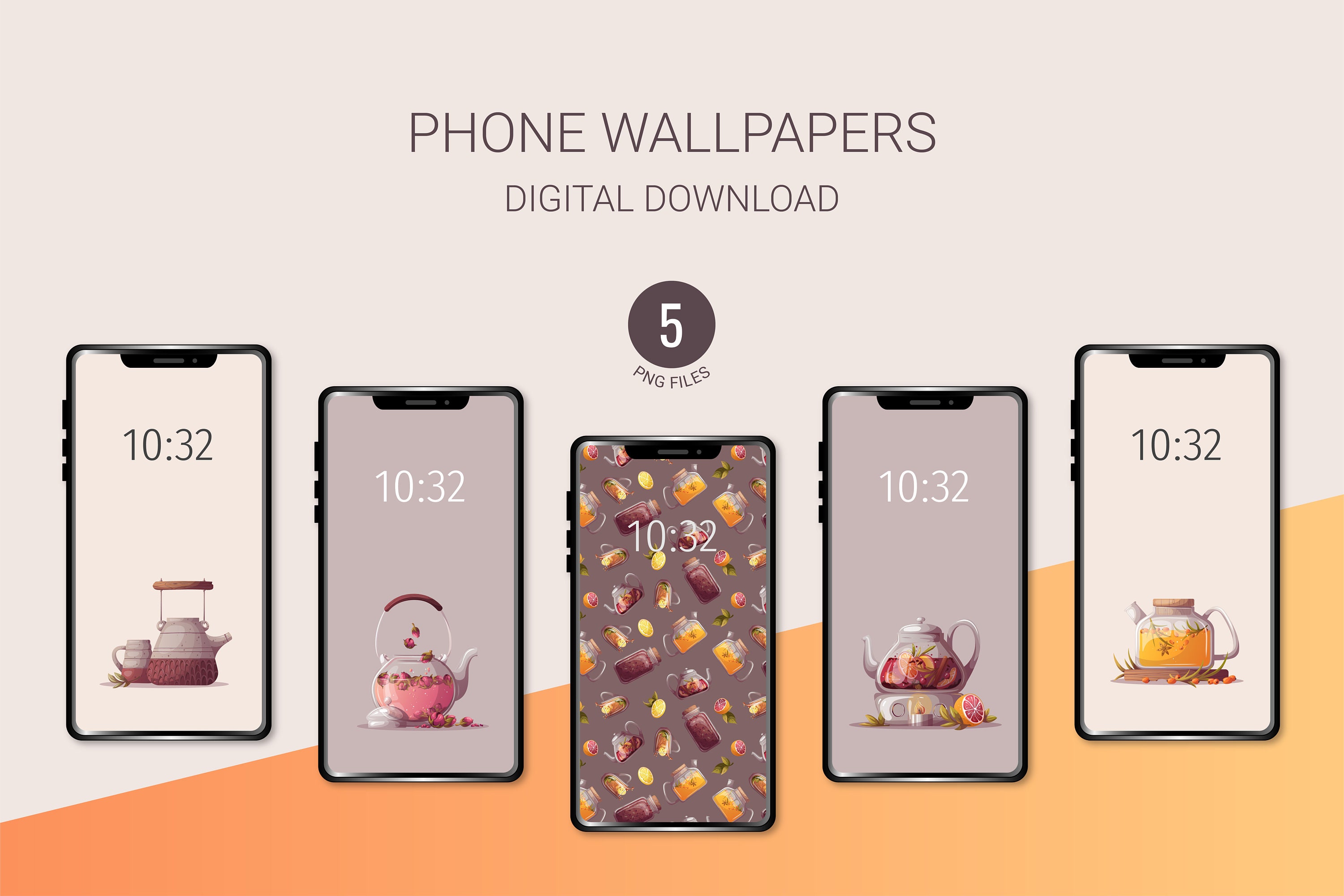 Teapots Phone Wallpapers Set of 5 Phone Backgrounds Instant Download