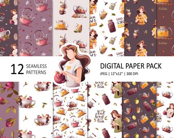 Tea Party Digital Paper Pack: Teapot & Teacup Seamless Patterns (12"x12" JPEG)