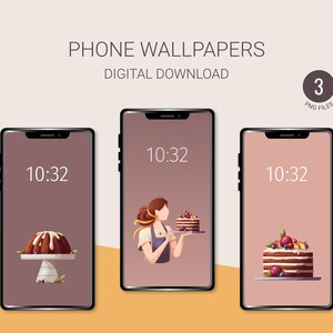 May include: Three phone wallpapers featuring a cake theme. The first wallpaper is a brown cake with white frosting on a white pedestal. The second wallpaper features a woman holding a layered cake with fruit on top. The third wallpaper is a layered cake with fruit on top. All three wallpapers have a digital clock displaying 10:32.
