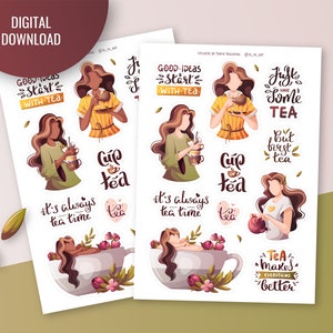 Theeliefhebber stickervel | Bullet journal, digitale planner. Afdrukbare stickers. Theetijd stickers. Goodnotes Stickers. Theevrouw, theekransje.