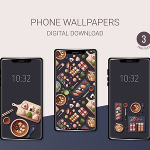 Japanese Food Phone Wallpaper: Sushi, Ramen, Miso (Set of 3) (Digital Download) image 1