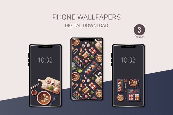 Japanese Food Phone Wallpaper: Sushi, Ramen, Miso (Set of 3) (Digital Download)